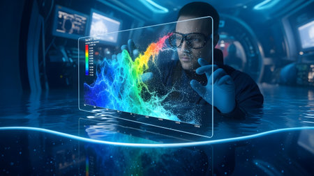 A scientist immersed in water interacts with a bright, colorful holographic data visualization,...の写真素材
