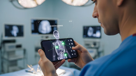A surgeon holds a smartphone displaying a holographic skeleton with incision guidance....の写真素材