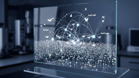 A transparent screen a glowing network of butterflies above a field of small...の写真素材