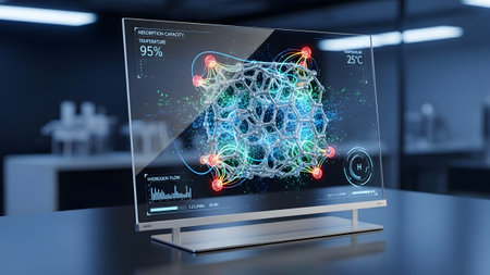 (1006) showing transparent futuristic monitor displaying molecular structure and scientific data...の写真素材