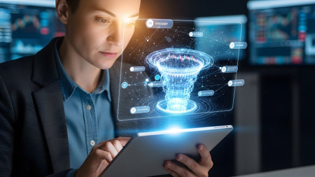 Charts showing woman analyzing futuristic cryptocurrency trading data on a transparent tablet...の写真素材