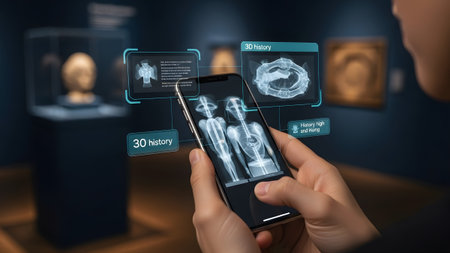 A person holds a smartphone displaying AR X-ray of human anatomy within a museum context.の写真素材