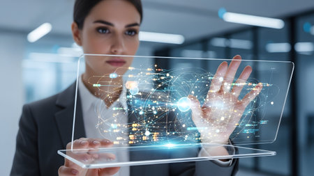 Business showing woman in business suit interacting with global network data on transparent...の写真素材