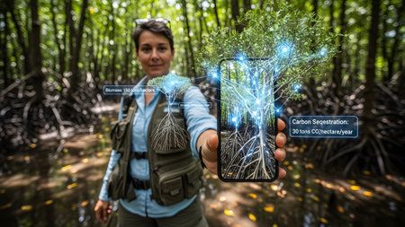 A woman holds a smartphone displaying a holographic tree with carbon sequestration data in a...の写真素材