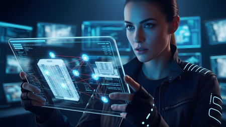 A woman in a dark jacket and gloves examines a transparent holographic display showing a...の写真素材