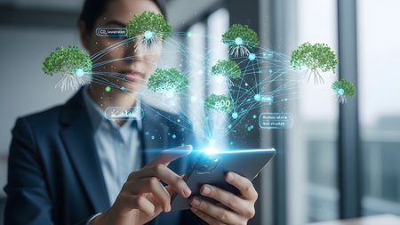 Woman in dark suit holds smartphone displaying holographic trees and data points with glowing...の写真素材
