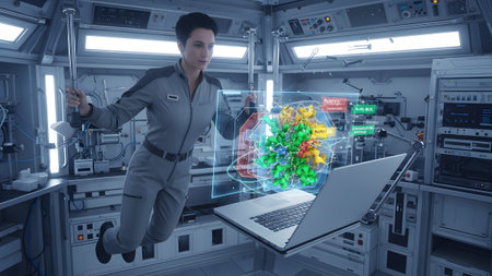 Station showing female astronaut in a space station examining a colorful molecular structure on...の写真素材