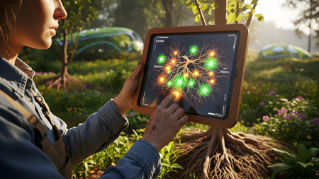 A woman touches a tablet showing a glowing neural network with green and yellow nodes in a...の写真素材