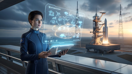 Tablet showing woman in dark blue uniform holding tablet with holographic weather and sensor...の写真素材