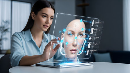 A woman in a light blue shirt touches a holographic display showing a face with skin analysis...の写真素材
