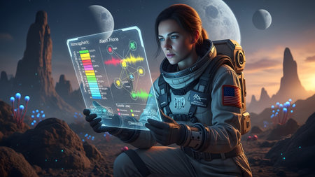 A woman in a space suit examines a holographic screen displaying scientific data with alien...の写真素材
