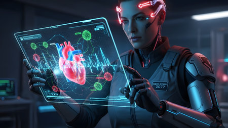 Data showing woman in advanced suit examines holographic heart and molecular data with...の写真素材