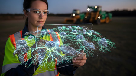 A woman wearing safety glasses and a high-visibility vest holds a transparent tablet showing a...の写真素材