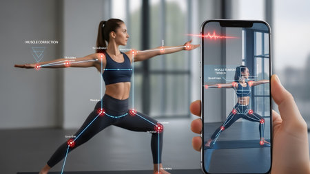 Stock showing woman performing yoga pose with augmented reality body analysis overlay on phone....の写真素材