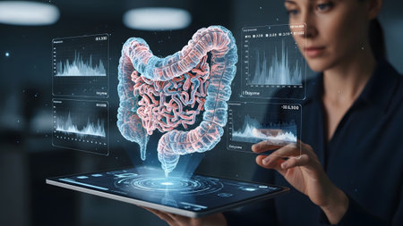 Woman interacts with a holographic human intestinal model displaying scientific data on a tablet.の写真素材