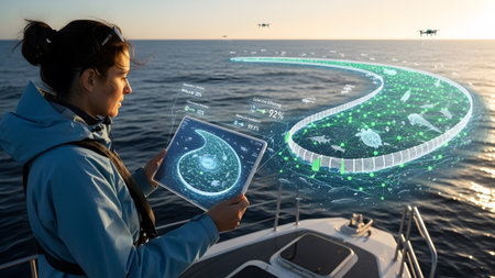 Jacket showing woman in jacket on boat uses tablet showing holographic ocean farm with drones...の写真素材