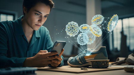 A young man looks at a smartphone showing a holographic shoe model with glowing particles.の写真素材