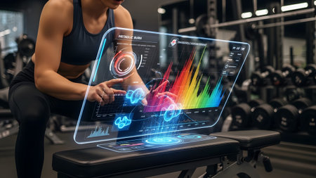Fitness showing woman in gym interacting with a holographic display showing fitness data and...の写真素材