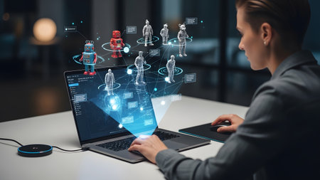 A woman works on a laptop showing a holographic network of various characters and data connections.の写真素材