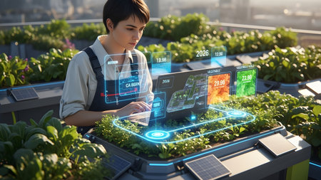 Visualization showing woman working on laptop in urban rooftop garden with holographic data...の写真素材