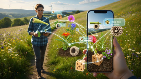 Augmented reality showing woman uses augmented reality app on smartphone to identify plants in a...の写真素材