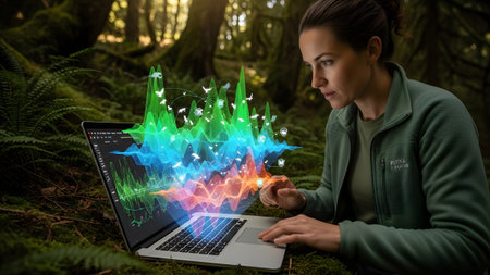 A woman in a green jacket sits in a forest, her laptop displaying a vibrant, colorful sound wave...の写真素材