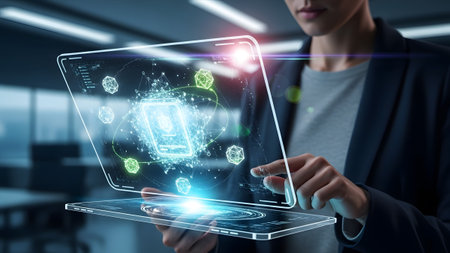 A woman interacts with a futuristic holographic interface displaying glowing data points,...の写真素材