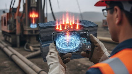 Stock showing worker viewing augmented reality drilling simulation on a smartphone at an...の写真素材