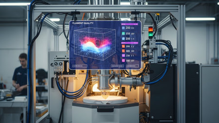 Filament showing advanced 3d printer with holographic filament control interface.の写真素材