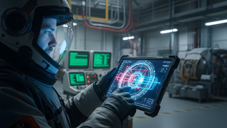 Helmet showing astronaut in helmet using rugged tablet with futuristic holographic interface in...の写真素材