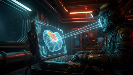 Glowing showing astronaut analyzes glowing brain scan on futuristic laptop in dimly lit...の写真素材