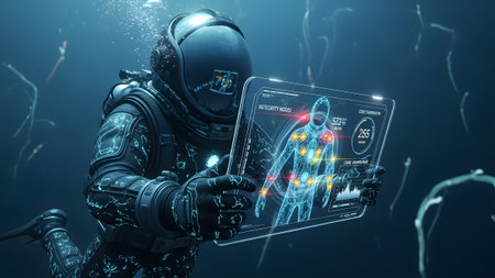 Water showing astronaut in deep blue water examining holographic display of human anatomy and...の写真素材