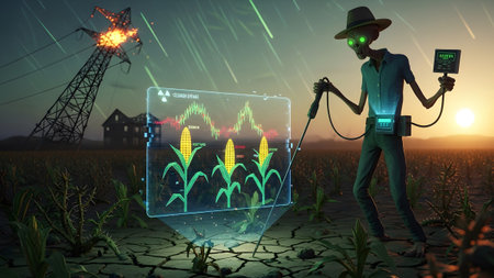 Farmer showing alien with glowing eyes uses geiger counter in dry cornfield with...の写真素材
