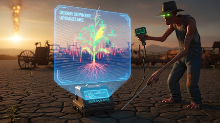 Farmer examines corn with geiger counter and holographic root and data.の写真素材
