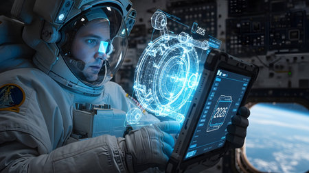 Helmet showing astronaut in helmet examining holographic engineering blueprint on tablet with...の写真素材