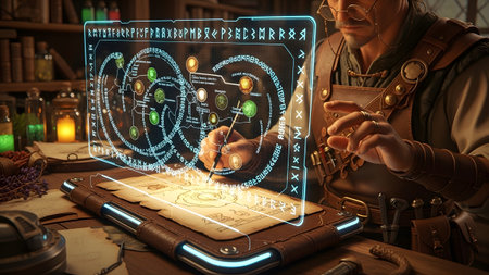 Celestial showing alchemist studying holographic projection of arcane symbols and celestial map...の写真素材