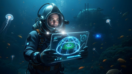 An aquanaut in a futuristic helmet uses a holographic tablet underwater, surrounded by marine...の写真素材