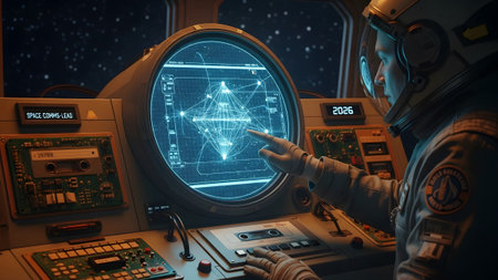 Radar showing astronaut in spaceship cockpit examining a futuristic radar display with network...の写真素材