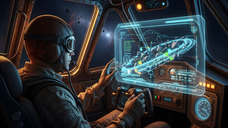 Astronaut showing astronaut pilot interacting with holographic navigation system in spaceship...の写真素材
