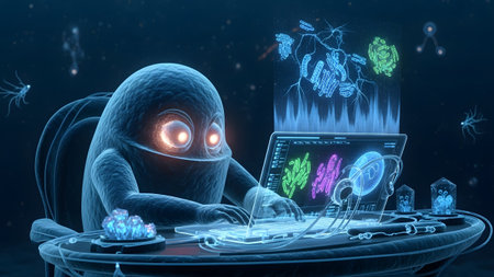 A blue alien creature with glowing orange eyes sits at a futuristic desk, typing on a laptop...の写真素材