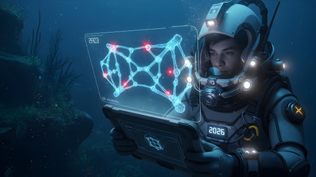 Helmet showing astronaut in helmet holding transparent screen with network diagram underwater...の写真素材