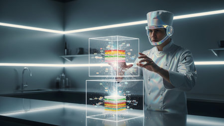 A chef in uniform interacts with stacked holographic data cubes using a futuristic interface in...の写真素材