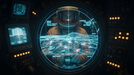 Astronaut in a spaceship cockpit views a circular display showing a digital map of terrain with...の写真素材