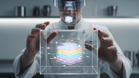 A chef wearing a VR headset interacts with a layered, colorful holographic data cube in a...の写真素材