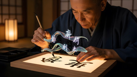 An elderly man in traditional attire uses a brush to write glowing characters on an illuminated...の写真素材