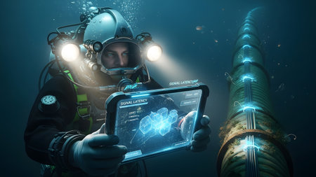 An underwater diver holds a tablet showing holographic network data next to a brightly lit,...の写真素材