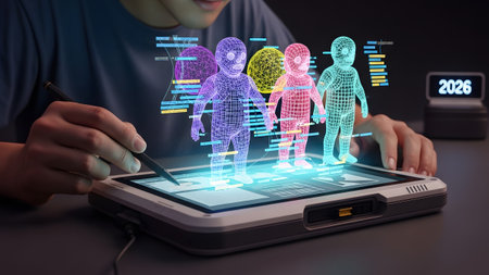 Stock showing child engaged with colorful 3d baby wireframe holograms on digital tablet.の写真素材