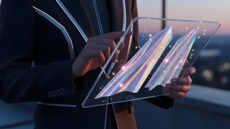 Stylus showing businesswoman using stylus on transparent tablet with holographic geometric...の写真素材