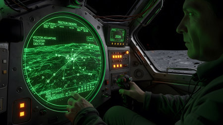 Astronaut in a spacecraft cockpit views a green radar screen displaying lunar terrain and...の写真素材