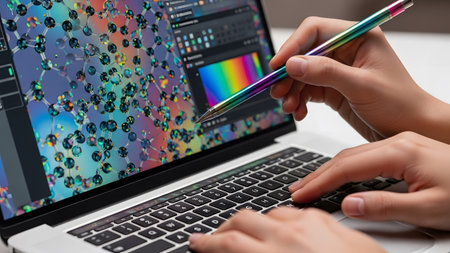 Close showing close up of hands typing on laptop with colorful molecular structure on screen....の写真素材